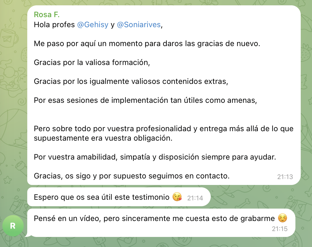 Pack AV Professional 6 Mensaje de Rosa F. en el grupo de Telegram del curso Project Manager Real